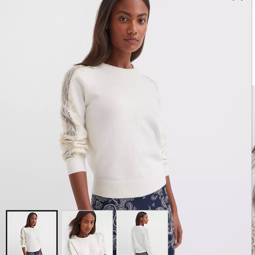 LOFT Cream Lace-Trim Crewneck NEW  Lace Sleeve Sweater
